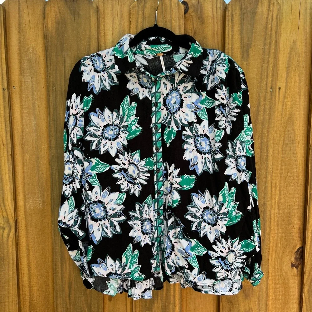 Free People Boho Floral Pheasant Long Sleeve Button Down Shirt - Picture 4 of 10